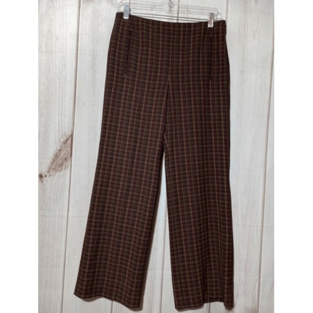Elie Tahari Womens Plaid Wide Leg Dress Pants Brown Burgundy Size 6 Professional